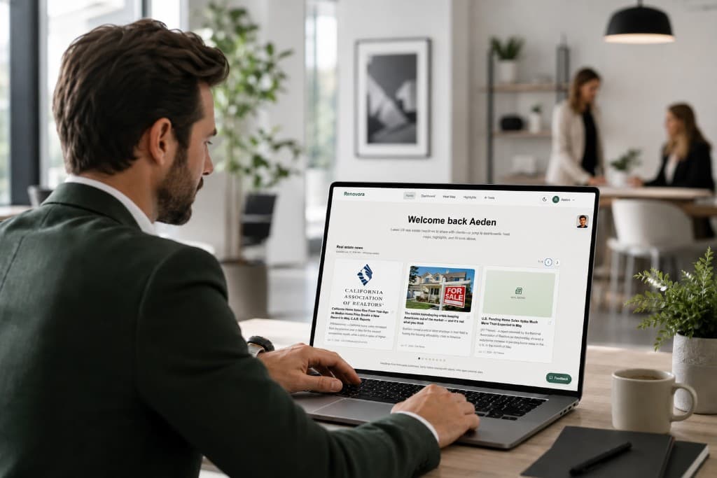 Agent using Renovora on a laptop in a modern office