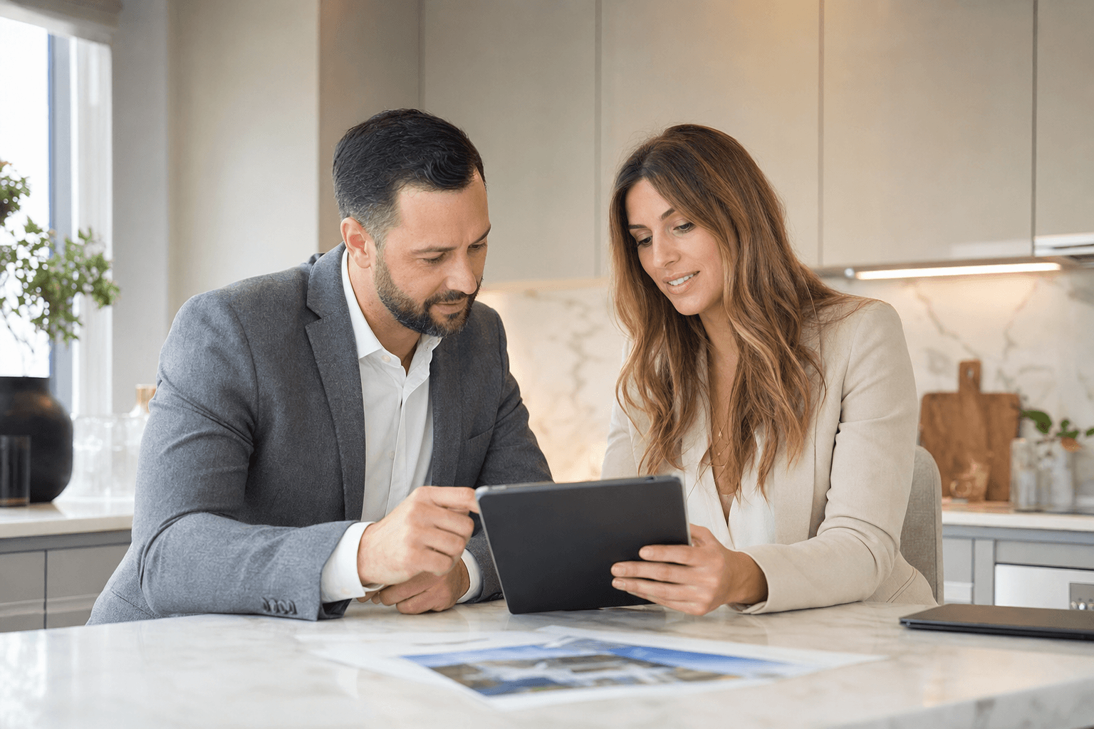 Agents reviewing market data together