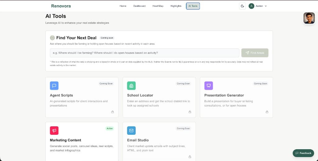 Renovora AI Tools dashboard
